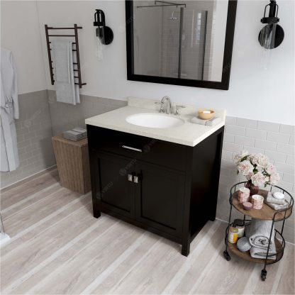 Caroline 36" Single Bath Vanity in Espresso with Dazzle White Quartz Top and Round Sink with Polished Chrome Faucet with Matching Mirror