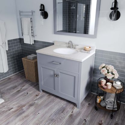 Caroline 36" Single Bath Vanity in Gray with Dazzle White Quartz Top and Round Sink with Matching Mirror