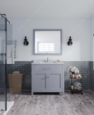Caroline 36" Single Bath Vanity in Gray with White Marble Top and Round Sink with Matching Mirror