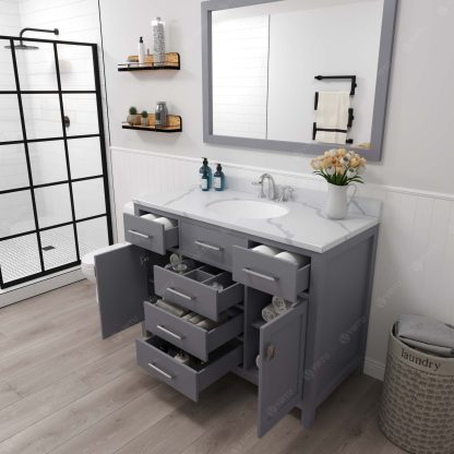 Caroline 48" Single Bath Vanity in Gray with Calacatta Quartz Top and Round Sink with Brushed Nickel Faucet with Matching Mirror