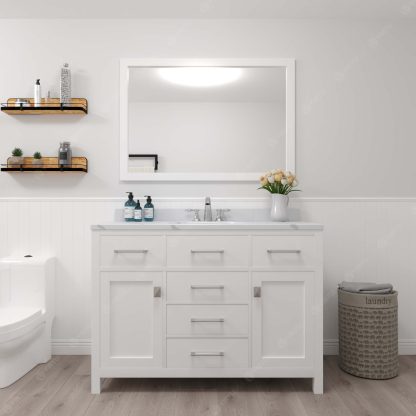 Caroline 48" Single Bath Vanity in White with Calacatta Quartz Top and Round Sink with Polished Chrome Faucet with Matching Mirror