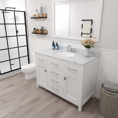 Caroline 48" Single Bath Vanity in White with Calacatta Quartz Top and Round Sink with Matching Mirror