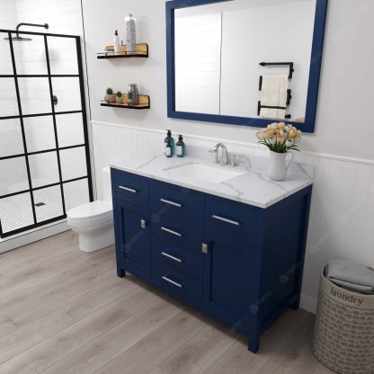 Caroline 48" Single Bath Vanity in French Blue with Calacatta Quartz Top and Square Sink with Brushed Nickel Faucet with Matching Mirror