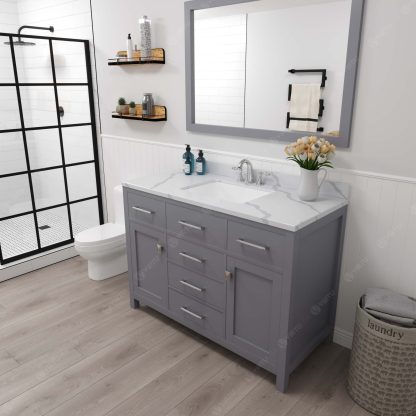 Caroline 48" Single Bath Vanity in Gray with Calacatta Quartz Top and Square Sink with Brushed Nickel Faucet with Matching Mirror