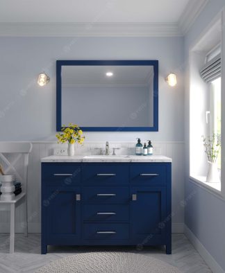 Caroline 48" Single Bath Vanity in French Blue with Cultured Marble Quartz Top and Round Sink with Matching Mirror