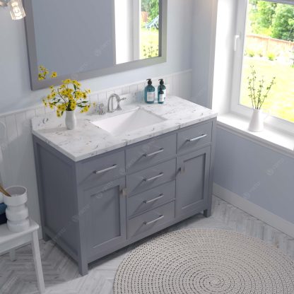 Caroline 48" Single Bath Vanity in Gray with Cultured Marble Quartz Top and Square Sink with Matching Mirror