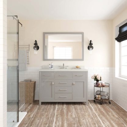 Caroline 48" Single Bath Vanity in Cashmere Gray with Dazzle White Quartz Top and Square Sink with Matching Mirror