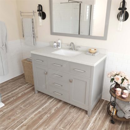 Caroline 48" Single Bath Vanity in Cashmere Gray with Dazzle White Quartz Top and Square Sink with Polished Chrome Faucet with Matching Mirror