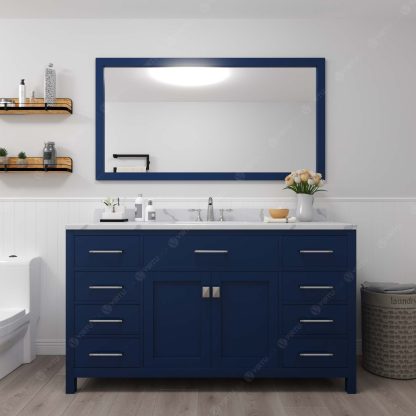 Caroline 60" Single Bath Vanity in French Blue with Calacatta Quartz Top and Round Sink with Brushed Nickel Faucet with Matching Mirror