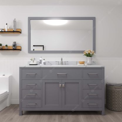 Caroline 60" Single Bath Vanity in Gray with Calacatta Quartz Top and Round Sink with Brushed Nickel Faucet with Matching Mirror