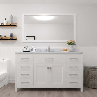 Caroline 60" Single Bath Vanity in White with Calacatta Quartz Top and Round Sink with Polished Chrome Faucet with Matching Mirror