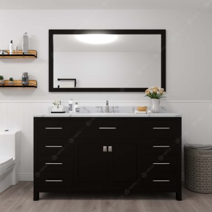 Caroline 60" Single Bath Vanity in Espresso with Calacatta Quartz Top and Square Sink with Polished Chrome Faucet with Matching Mirror