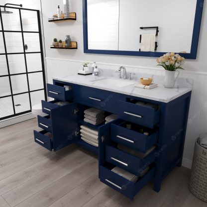 Caroline 60" Single Bath Vanity in French Blue with Calacatta Quartz Top and Square Sink