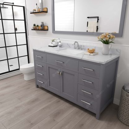 Caroline 60" Single Bath Vanity in Gray with Calacatta Quartz Top and Square Sink with Brushed Nickel Faucet with Matching Mirror