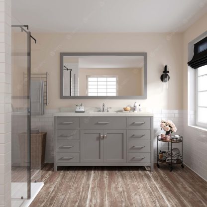 Caroline 60" Single Bath Vanity in Cashmere Gray with Dazzle White Quartz Top and Round Sink with Matching Mirror