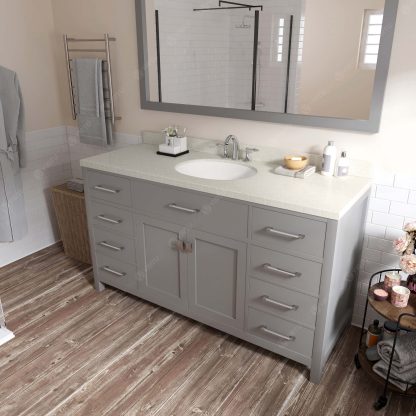 Caroline 60" Single Bath Vanity in Cashmere Gray with Dazzle White Quartz Top and Round Sink with Brushed Nickel Faucet with Matching Mirror
