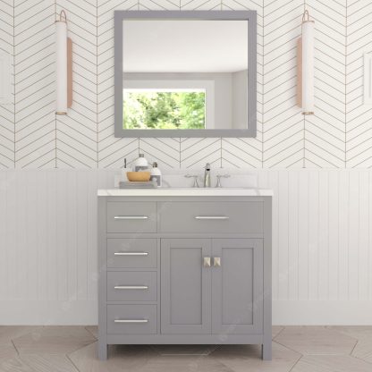 Caroline Parkway 36" Single Bath Vanity in Gray with Calacatta Quartz Top and Round Sink with Brushed Nickel Faucet with Matching Mirror
