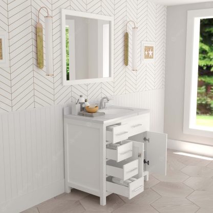 Caroline Parkway 36" Single Bath Vanity in White with Calacatta Quartz Top and Round Sink with Polished Chrome Faucet with Matching Mirror