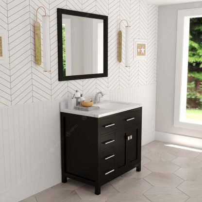 Caroline Parkway 36" Single Bath Vanity in Espresso with Calacatta Quartz Top and Square Sink with Brushed Nickel Faucet with Matching Mirror