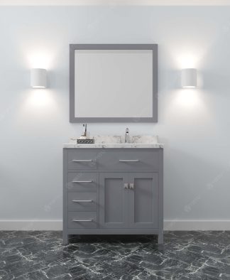 Caroline Parkway 36" Single Bath Vanity in Gray with Cultured Marble Quartz Top and Round Sink with Polished Chrome Faucet with Matching Mirror