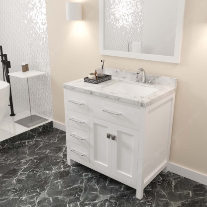 Caroline Parkway 36" Single Bath Vanity in White with Cultured Marble Quartz Top and Square Sink with Matching Mirror