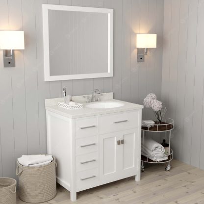 Caroline Parkway 36" Single Bath Vanity in White with Dazzle White Quartz Top and Round Sink with Polished Chrome Faucet with Matching Mirror