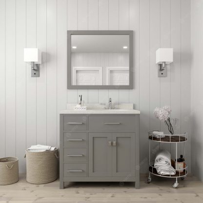 Caroline Parkway 36" Single Bath Vanity in Cashmere Gray with Dazzle White Quartz Top and Square Sink with Matching Mirror