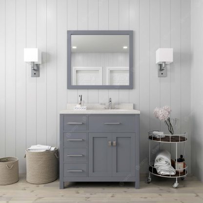 Caroline Parkway 36" Single Bath Vanity in Gray with Dazzle White Quartz Top and Square Sink with Polished Chrome Faucet with Matching Mirror