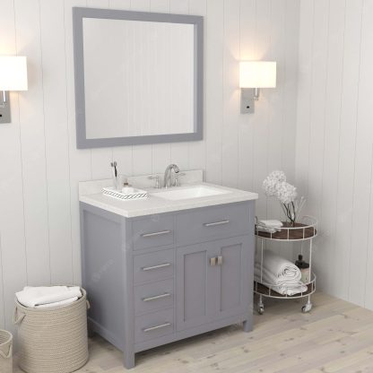 Caroline Parkway 36" Single Bath Vanity in Gray with Dazzle White Quartz Top and Square Sink with Matching Mirror