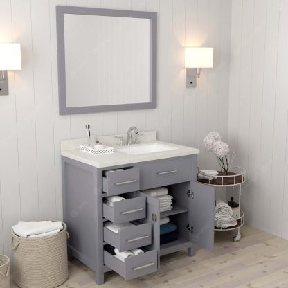 Caroline Parkway 36" Single Bath Vanity in Gray with Dazzle White Quartz Top and Square Sink with Polished Chrome Faucet with Matching Mirror