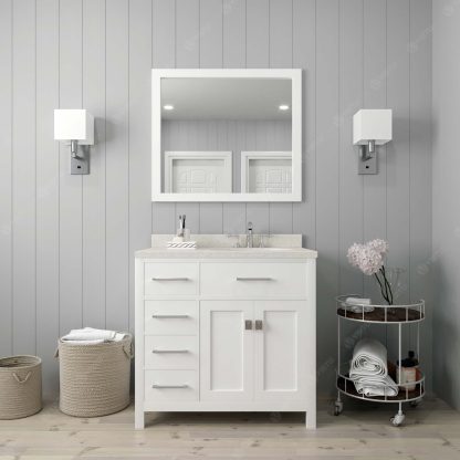 Caroline Parkway 36" Single Bath Vanity in White with Dazzle White Quartz Top and Square Sink with Polished Chrome Faucet with Matching Mirror