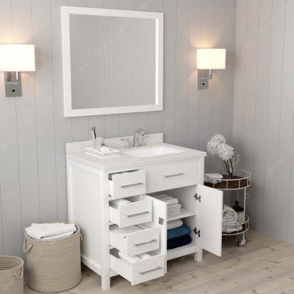 Caroline Parkway 36" Single Bath Vanity in White with Dazzle White Quartz Top and Square Sink with Matching Mirror