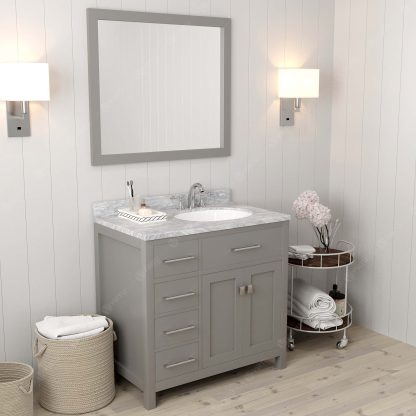 Caroline Parkway 36" Single Bath Vanity in Cashmere Gray with White Marble Top and Round Sink with Brushed Nickel Faucet with Matching Mirror
