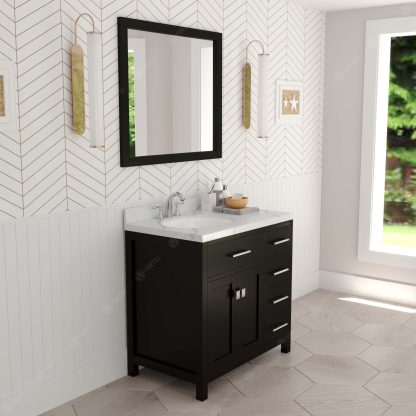 Caroline Parkway 36" Single Bath Vanity in Espresso with Calacatta Quartz Top and Round Sink with Brushed Nickel Faucet with Matching Mirror