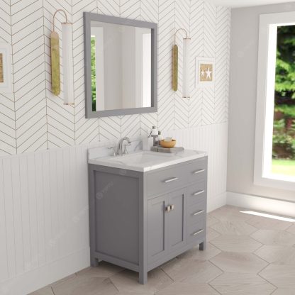 Caroline Parkway 36" Single Bath Vanity in Gray with Calacatta Quartz Top and Square Sink with Polished Chrome Faucet with Matching Mirror