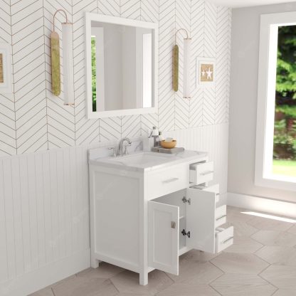 Caroline Parkway 36" Single Bath Vanity in White with Calacatta Quartz Top and Square Sink with Brushed Nickel Faucet with Matching Mirror
