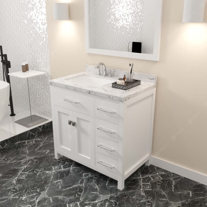 Caroline Parkway 36" Single Bath Vanity in White with Cultured Marble Quartz Top and Square Sink with Matching Mirror