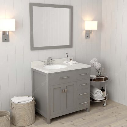 Caroline Parkway 36" Single Bath Vanity in Cashmere Gray with Dazzle White Quartz Top and Round Sink with Brushed Nickel Faucet with Matching Mirror