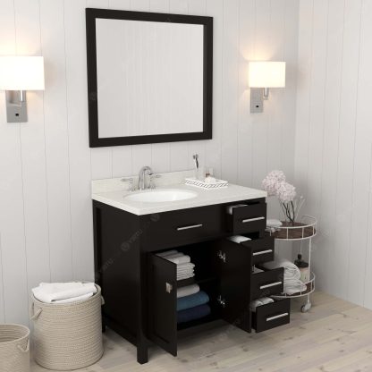 Caroline Parkway 36" Single Bath Vanity in Espresso with Dazzle White Quartz Top and Round Sink with Matching Mirror