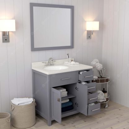 Caroline Parkway 36" Single Bath Vanity in Gray with Dazzle White Quartz Top and Round Sink with Matching Mirror
