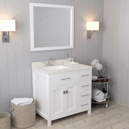 Caroline Parkway 36" Single Bath Vanity in White with Dazzle White Quartz Top and Square Sink with Brushed Nickel Faucet with Matching Mirror