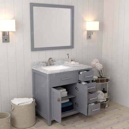 Caroline Parkway 36" Single Bath Vanity in Gray with White Marble Top and Square Sink with Polished Chrome Faucet with Matching Mirror