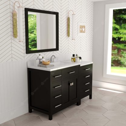 Caroline Parkway 57" Single Bath Vanity in Espresso with Calacatta Quartz Top and Square Sink with Brushed Nickel Faucet with Matching Mirror