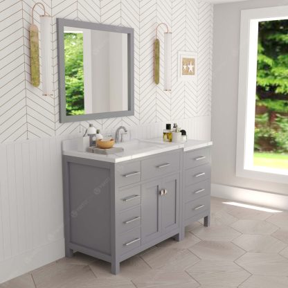 Caroline Parkway 57" Single Bath Vanity in Gray with Calacatta Quartz Top and Square Sink with Brushed Nickel Faucet with Matching Mirror
