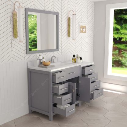 Caroline Parkway 57" Single Bath Vanity in Gray with Calacatta Quartz Top and Square Sink with Brushed Nickel Faucet with Matching Mirror