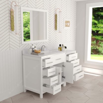 Caroline Parkway 57" Single Bath Vanity in White with Calacatta Quartz Top and Square Sink with Polished Chrome Faucet with Matching Mirror