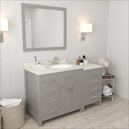 Caroline Parkway 57" Single Bath Vanity in Cashmere Gray with Dazzle White Quartz Top and Round Sink with Brushed Nickel Faucet with Matching Mirror