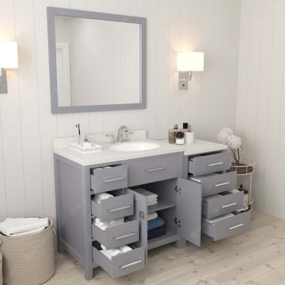 Caroline Parkway 57" Single Bath Vanity in Gray with Dazzle White Quartz Top and Round Sink with Matching Mirror