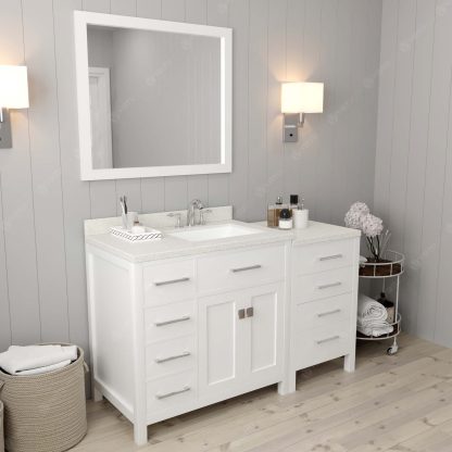 Caroline Parkway 57" Single Bath Vanity in White with Dazzle White Quartz Top and Square Sink with Brushed Nickel Faucet with Matching Mirror