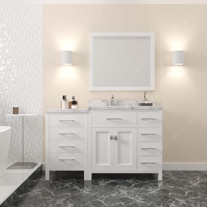 Caroline Parkway 57" Single Bath Vanity in White with Cultured Marble Quartz Top and Square Sink with Matching Mirror